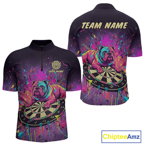 Custom Purple Bulldog Splatter Dartboard Men Darts Quarter-Zip Shirt Funny Colorful Dart Jerseys NYN1828