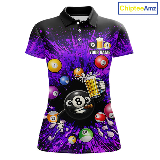 Purple Splatter Paint Pool 8 Ball Billiard Shirt For Women Custom Funny Beer 8 Ball Billiard Attire NYN2615
