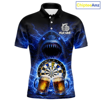 Blue Horror Shark Cheer Beer & Dartboard Men Darts Polo Shirt Custom Funny Dart Team Jersey NYN2617