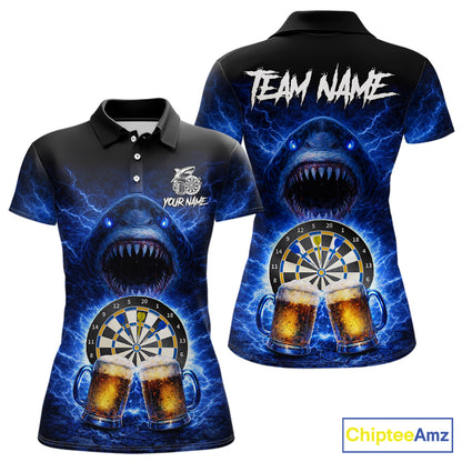 Blue Horror Shark Cheer Beer & Dartboard Women Darts Polo Shirt Custom Funny Dart Team Jersey NYN2617