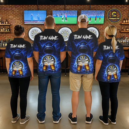 Blue Horror Shark Cheer Beer & Dartboard Men Darts Quarter-Zip Shirt Custom Funny Dart Team Jersey NYN2617