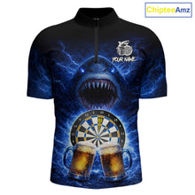 Load image into Gallery viewer, Blue Horror Shark Cheer Beer &amp; Dartboard Men Darts Quarter-Zip Shirt Custom Funny Dart Team Jersey NYN2617