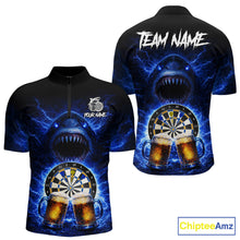 Load image into Gallery viewer, Blue Horror Shark Cheer Beer &amp; Dartboard Men Darts Quarter-Zip Shirt Custom Funny Dart Team Jersey NYN2617