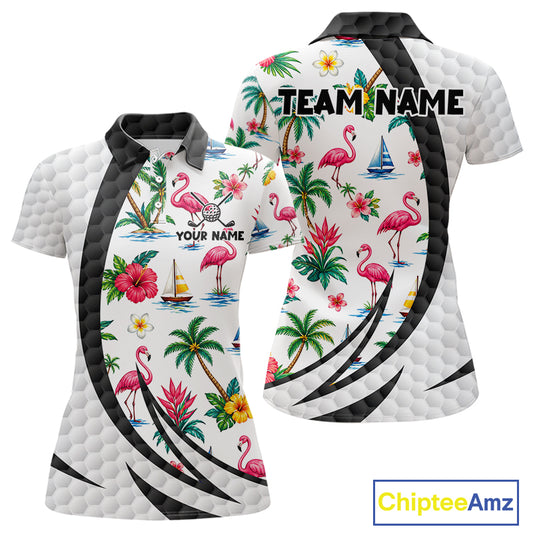 Tropical White And Black Golf Ball Polo Golf Shirts For Women Custom Flamingo Golf Team Attire NYN3176