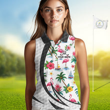 Load image into Gallery viewer, Tropical White And Black Golf Ball Sleeveless Polo Golf Shirts For Women Custom Flamingo Golf Attire NYN3176