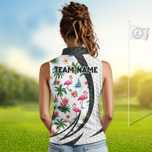 Load image into Gallery viewer, Tropical White And Black Golf Ball Sleeveless Polo Golf Shirts For Women Custom Flamingo Golf Attire NYN3176