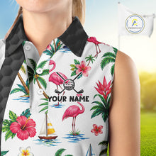 Load image into Gallery viewer, Tropical White And Black Golf Ball Sleeveless Polo Golf Shirts For Women Custom Flamingo Golf Attire NYN3176