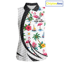 Load image into Gallery viewer, Tropical White And Black Golf Ball Sleeveless Polo Golf Shirts For Women Custom Flamingo Golf Attire NYN3176