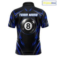 Load image into Gallery viewer, Men's patriotic billiard polo featuring black and blue American flag with glowing 8 ball graphics, personalized performance apparel for veterans, law enforcement supporters, APA leagues and patriotic pool players, representing freedom and honor.