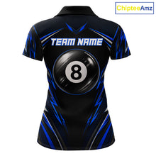 Load image into Gallery viewer, Women's patriotic billiard polo with black blue US flag and illuminated 8 ball artwork, custom performance jersey for league play, Memorial Day tournaments and Independence Day events.