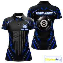 Load image into Gallery viewer, Women's patriotic billiard polo with black blue US flag and illuminated 8 ball artwork, custom performance jersey for league play, Memorial Day tournaments and Independence Day events.