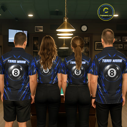 Men women billiard team wearing matching American flag jerseys during league competition, representing teamwork, patriotism, unity and championship ambition.