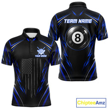 Load image into Gallery viewer, Men's patriotic billiard polo featuring black and blue American flag with glowing 8 ball graphics, personalized performance apparel for veterans, law enforcement supporters, APA leagues and patriotic pool players, representing freedom and honor.