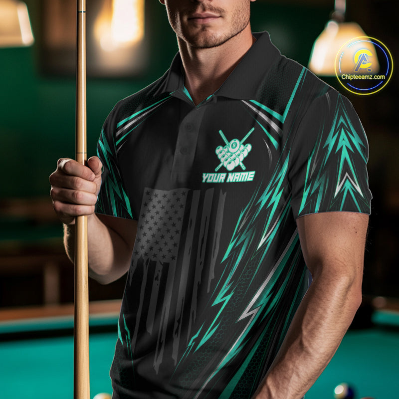 Male billiard player wearing black green patriotic pool jersey during championship event, premium sportswear for league players and outdoor lifestyle enthusiasts, symbolizing resilience, confidence and competitive success.