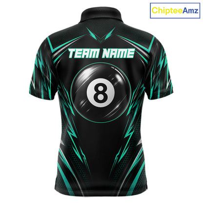 Men's billiard polo featuring black green American flag and glowing 8 ball graphics, custom performance apparel for military supporters, outdoor enthusiasts, APA leagues and patriotic pool teams, symbolizing growth, resilience and unity.