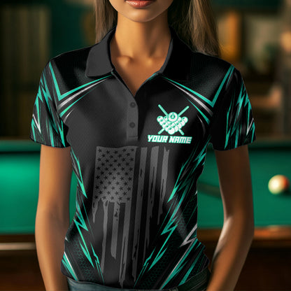 Female player wearing black green patriotic billiard jersey, expressing confidence, resilience, teamwork and American values.