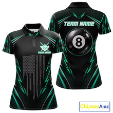 Load image into Gallery viewer, Women's billiard polo with black green patriotic flag and 8 ball artwork, personalized league jersey for APA tournaments, billiard clubs and competitive sports teams.
