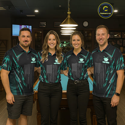 Men women pool team wearing matching black green patriotic billiard jerseys for league championships, representing unity, growth, determination and sportsmanship.
