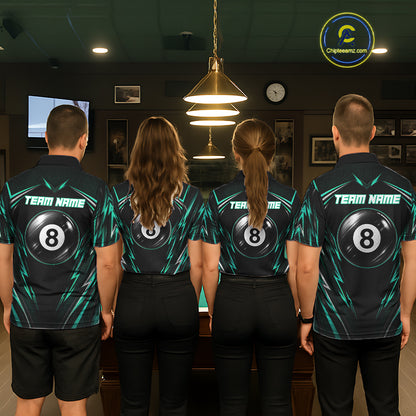 Men women pool team wearing matching black green patriotic billiard jerseys for league championships, representing unity, growth, determination and sportsmanship.