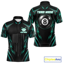 Load image into Gallery viewer, Men's billiard polo featuring black green American flag and glowing 8 ball graphics, custom performance apparel for military supporters, outdoor enthusiasts, APA leagues and patriotic pool teams, symbolizing growth, resilience and unity.
