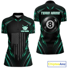 Load image into Gallery viewer, Women's quarter-zip billiard jersey featuring black green American flag with realistic 8 ball graphics, performance apparel for tournament players and patriotic pool teams.
