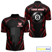 Load image into Gallery viewer, Men's quarter-zip billiard jersey featuring black red patriotic flag and realistic 8 ball graphics, custom competition apparel for league championships and pool team uniforms, symbolizing passion, power and determination.