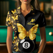 Load image into Gallery viewer, Female billiard player wearing luxurious butterfly billiard jersey, representing elegance, confidence, transformation and competitive excellence.