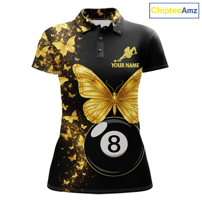 Women's billiard polo with black gold butterfly artwork and billiard ball graphics, premium custom jersey for stylish league players, luxury sportswear fans and tournament competition.