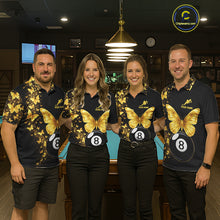 Load image into Gallery viewer, Men women billiard team wearing matching black gold butterfly jerseys for tournaments, symbolizing unity, sophistication, success and championship spirit.