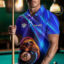 Load image into Gallery viewer, Male billiard player wearing funny sloth pool jersey during league play, premium performance apparel for relaxed competitors, animal lovers and casual tournament players, symbolizing positivity, balance and enjoyment.