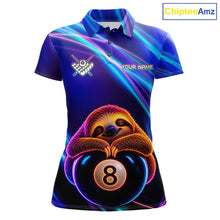 Load image into Gallery viewer, Women's funny billiard polo featuring blue neon sloth and realistic 8 ball artwork, custom pool shirt for league play, billiard gifts and relaxed sports lifestyle.