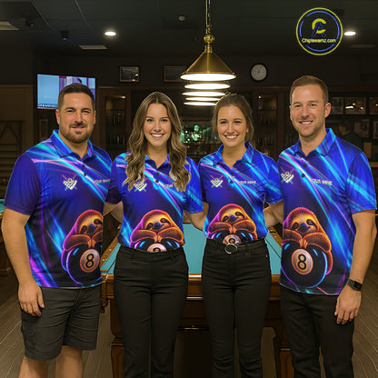 Men women billiard team wearing matching blue neon sloth jerseys for league events, symbolizing teamwork, fun, positive energy and sportsmanship.