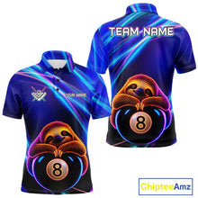 Load image into Gallery viewer, Men's funny billiard polo featuring blue neon sloth with glowing 8 ball graphics, personalized performance apparel for APA leagues, casual pool players, animal lovers and Father's Day gifts, symbolizing relaxation and positive energy.