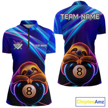 Load image into Gallery viewer, Women's quarter-zip billiard jersey with blue neon sloth and glowing 8 ball graphics, personalized team apparel for APA leagues, friendly tournaments and pool clubs.