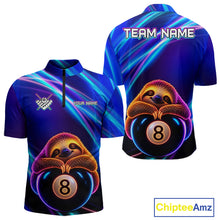 Load image into Gallery viewer, Men's quarter-zip billiard jersey featuring funny blue neon sloth and illuminated 8 ball artwork, custom tournament apparel for pool clubs, league teams and billiard enthusiasts, representing friendship, humor and sportsmanship.