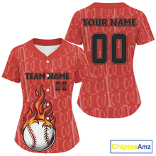Load image into Gallery viewer, Custom Red Flames Baseball Ball Jersey For Women Personalized Youth Baseball Shirt NYN0899