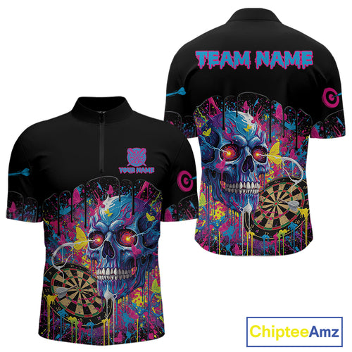Custom Butterfly Skull Splatter Dartboard Men Darts Quarter-Zip Shirt Colorful Dart Jerseys NYN1830