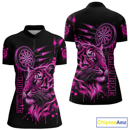 Pink Neon Tiger Lightning Dartboard Women Dart 1/4-Zip Shirts Custom Name & Team Dart Jerseys NYN2098