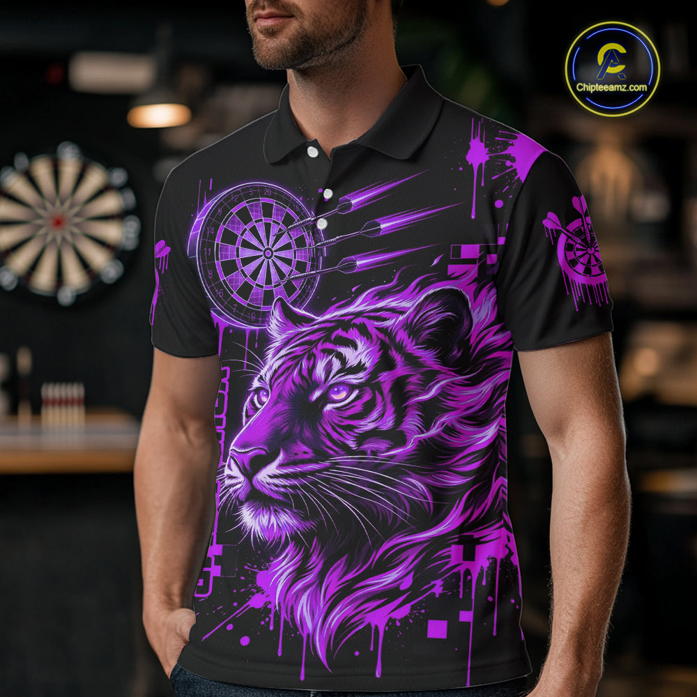 Purple Neon Tiger Lightning Dartboard Men Dart Polo Shirts Custom Name & Team Dart Jerseys NYN2099