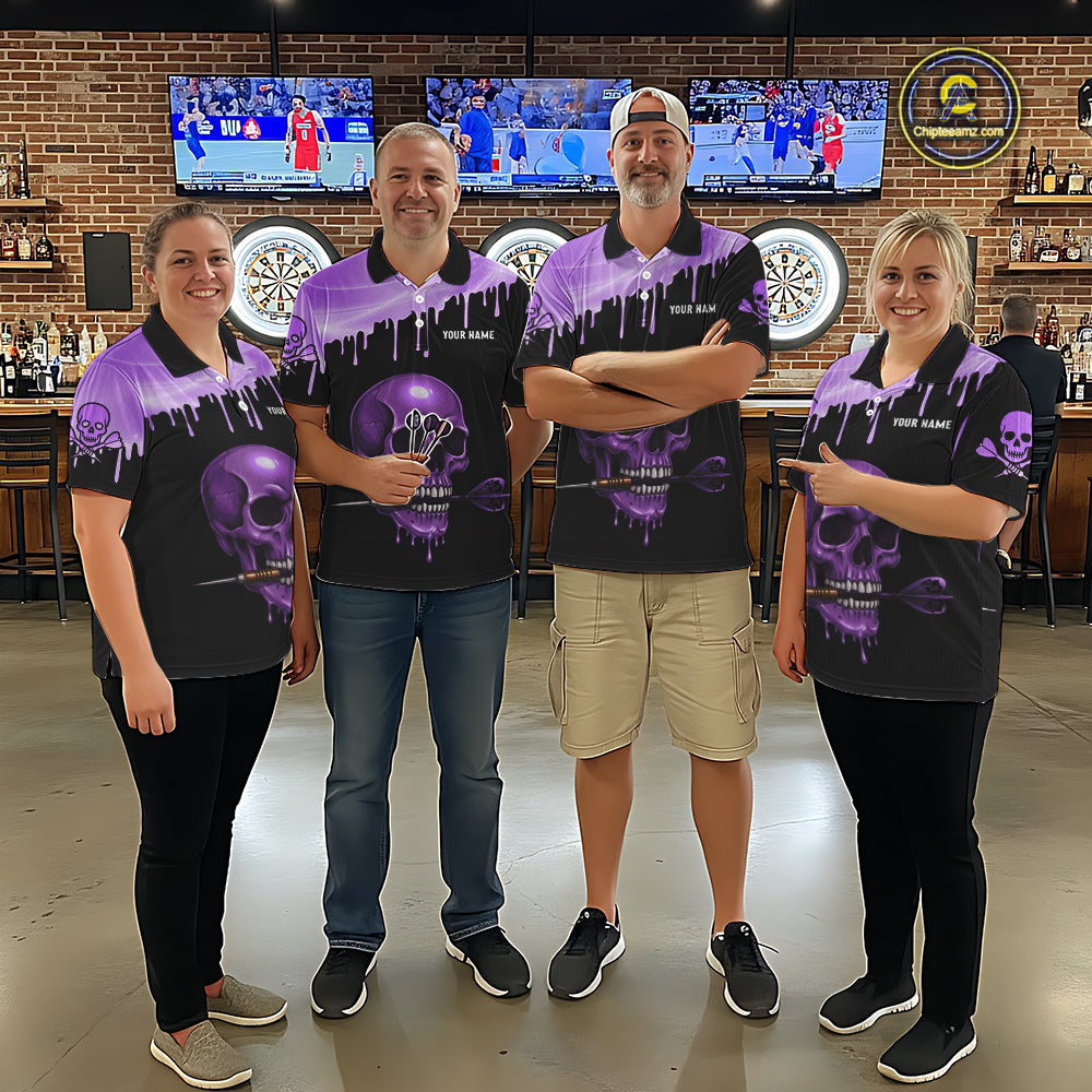 Custom Holographic Purple Skull Darts Shirt Polo For Men Light Skull Dart League Jerseys NYN2109