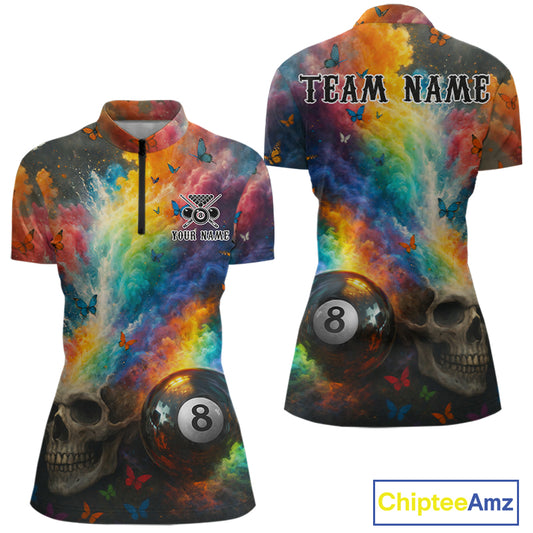Custom Colorful Smoke 8 Ball Women's Billiard Shirts Personalized Skull Billiard Team Attire NYN2331