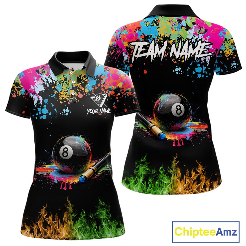 Colorful Paint & Flame 8 Ball Billiard Shirt For Women Personalized Cue Billiard Team Shirt NYN2334