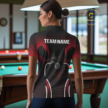 Black & Red 8 Ball Crown Women's Billiard Polo & 1/4 Zip Shirt Custom Billiard Team Jersey NYN2344