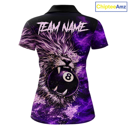 Purple Smokes Lion Paint Pool 8 Ball Women Billiard Polo & 1/4-Zip Shirt Custom Billiard Team Attire NYN2626