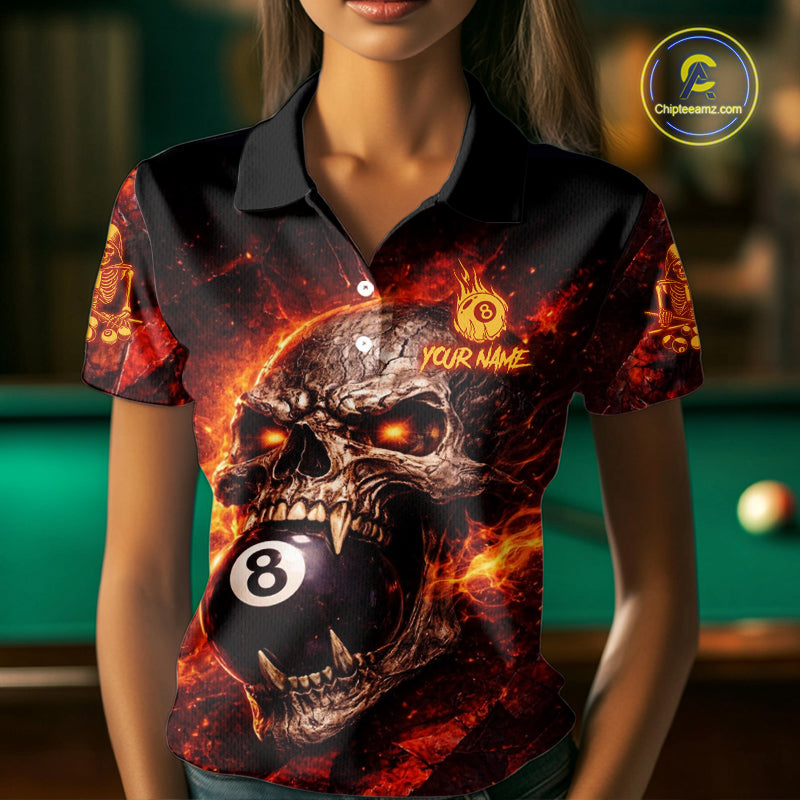 Cracked Soil Skull Red Flames Pool 8 Ball Women Billiard Polo & 1/4-Zip Shirt Custom Billiard Attire NYN2627
