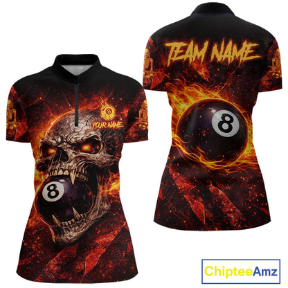 Cracked Soil Skull Red Flames Pool 8 Ball Women Billiard Polo & 1/4-Zip Shirt Custom Billiard Attire NYN2627