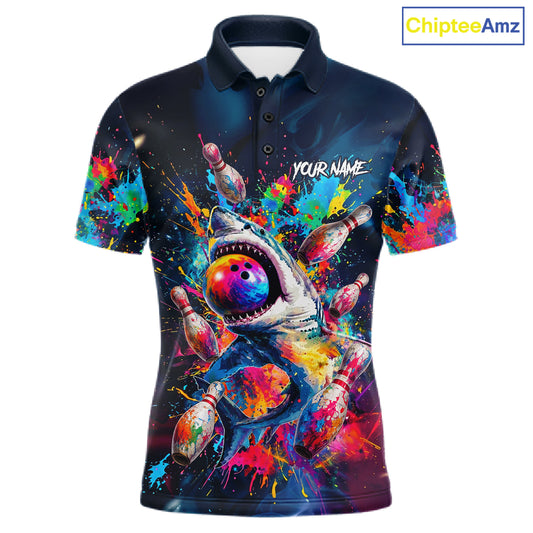 Men's bowling polo featuring colorful splatter funny shark artwork with bowling graphics, personalized bowling shirt for shark lovers, family bowling leagues, casual competitions and custom team uniforms, symbolizing fearless attitude, humor and positive energy