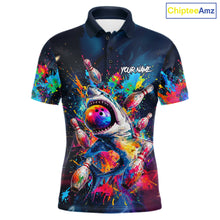 Load image into Gallery viewer, Splatter Funny Shark Mens Bowling Shirt Polo &amp; 1/4 Zip Custom Colorful Uniform Bowling Team Jersey NYN3671