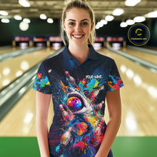 Load image into Gallery viewer, Female bowler wearing colorful funny shark bowling jersey during league play, premium bowling apparel for animal lovers, casual competitors and tournament bowlers, symbolizing fearless attitude, positivity and confidence.