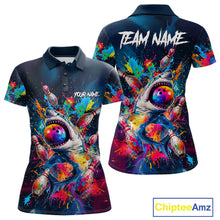Load image into Gallery viewer, Women's bowling polo featuring colorful splatter funny shark artwork with bowling graphics, personalized performance bowling shirt for shark lovers, bowling leagues, family bowling nights and fun team uniforms, symbolizing confidence, humor and fearless competition.